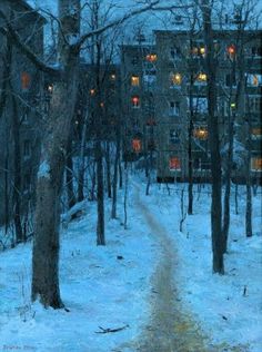 a painting of a snowy path leading to a building in the distance with lights on