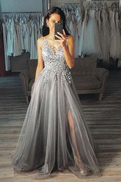 Grey A Line V Neck Appliques Tulle Prom Gray Split Long Evening Dress Grey Evening Dresses, Tulle Prom Dresses, Formal Ball Gown, 2024 Prom, Lace Formal Dress, A Line Prom Dresses, Tulle Prom Dress, Cheap Prom Dresses, Party Dress Long