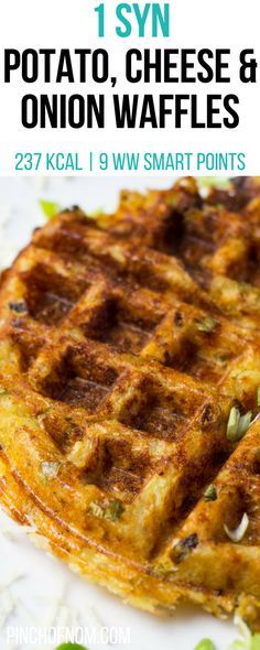 two waffles on a white plate with text overlay that reads, i spy potato cheese and onion waffles