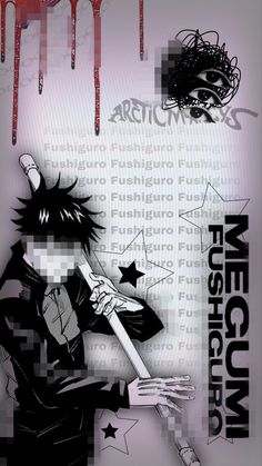 an anime character holding a baseball bat with blood dripping down the wall behind him and his name