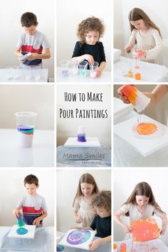 several pictures of kids making their own paintings with the words how to make pour paintings