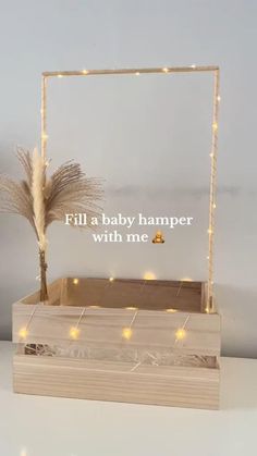 a baby hamper with some lights on it and a plant in the middle that says, fill a baby hamper with me