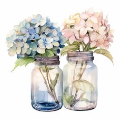 two mason jars with flowers in them sitting side by side on a white background, one is empty and the other has watercolored