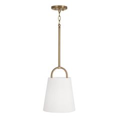 a light fixture with a white shade hanging from it's end and a brass finish