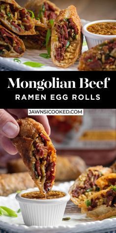 a sandwich cut in half on top of a white plate with the words, monopolian beef ramen egg rolls