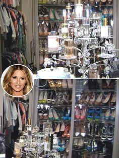 a woman is standing in front of a closet full of shoes and other items that are on display