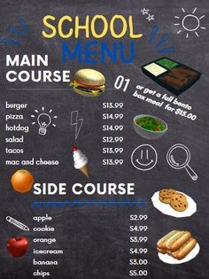 a chalkboard menu for a school meal with information about the main course on it