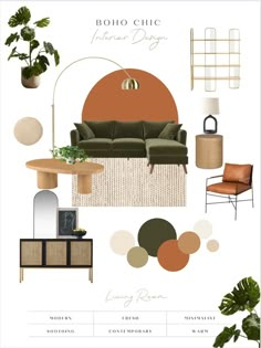 the interior design board is shown with green and brown accents, including a couch, table,