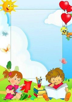 two children are sitting on the grass with books and balloons in the sky behind them