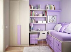 a bedroom with purple and white decor in the corner, bookshelf on the wall