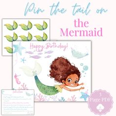 Introducing the Mermaid Pin The Tail Game - the perfect addition to your under-the-sea themed party! Dive into the fun with this classic party game that will entertain guests of all ages. WHAT'S INCLUDED: * One PDF file containing the Mermaid Pin The Tail Game, sized to fit US letter paper (11 x 8.5 inches). * Instructions included. HOW TO PLAY: 1. Purchase and download the Mermaid Pin The Tail Game. 2. Print the game sheet on standard paper or cardstock. 3. Hang the game sheet on a wall or board. 4. Blindfold players and provide them with a "tail" to pin on the mermaid. 5. The player who pins the tail closest to the designated spot wins! HOW TO DOWNLOAD: 1. Log in to your Etsy account. 2. Click on your profile icon in the top right corner. 3. Select "Purchases and reviews." 4. Locate your Mermaid Party Games, Mermaid Happy Birthday, Pin The Tail, Mermaid Pin, Mermaid Poster, Dinosaur Games, Ocean Mermaid, Mermaid Theme Party, Birthday Activities