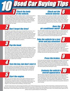 the 10 used car buying tips info sheet is shown in red, white and blue