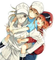 three anime characters hugging each other with their arms around one another