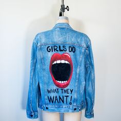 Oversized painted denim trucker jacket by smells like crime Upcycled Thrift, Denim Trucker Jacket, Open Mouth