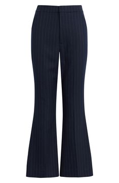 Embrace retro vibes with these flared high-waist pants patterned with impeccable pinstripes. 25" inseam; 21 1/2" leg opening; 12 1/2" front rise; 17" back rise (size 8) Zip fly with hook-and-bar closure Front slant pockets; faux back welt pockets 65% polyester, 33% rayon, 2% spandex Dry clean or machine wash, line dry Imported Chic High Waist Pinstripe Wide Leg Pants, Classic Pinstripe Wide Leg Dress Pants, Classic Pinstripe Wide-leg Dress Pants, Classic Pinstripe Wide-leg Bottoms, Fitted Pinstripe Wide Leg Pants, Fitted Wide-leg Pants With Vertical Stripes, Striped Fitted Wide-leg Bottoms, Chic Pinstripe Wide-leg Bottoms, Fitted Striped Wide Leg Pants