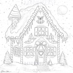 a drawing of a gingerbread house in the snow