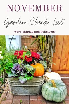 a garden check list with pumpkins, flowers and other plants in a bucket on the ground