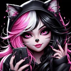 a girl with pink hair and cat ears holding a cell phone