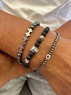 Beaded Bracelets Stack Minimal Bracelets Mens Bracelets - Etsy Casual Silver Hand Wrapped Beaded Bracelets, Casual Silver Beaded Bracelets For Gifts, Bracelet Stack Men, Bracelets Stack, Minimal Bracelet, Bracelets Etsy, Mens Bracelets, Black Beaded Bracelets, Skull Bracelet