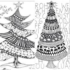 two christmas trees are shown in black and white