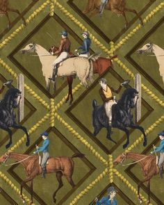 the horses and jockeys are depicted on this green wallpaper pattern, which is very similar to each other