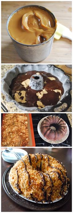 four different types of desserts in pans