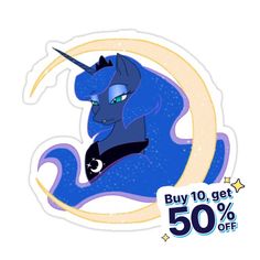 a sticker with an image of a blue unicorn sitting on top of the moon