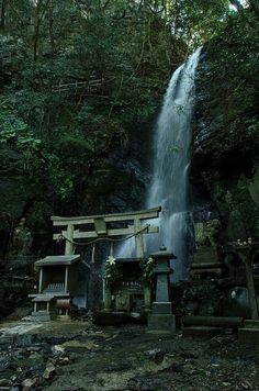 there is a waterfall in the middle of the forest with benches under it and a bench below