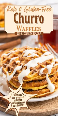 a close up of a plate of food with waffles and syrup on it