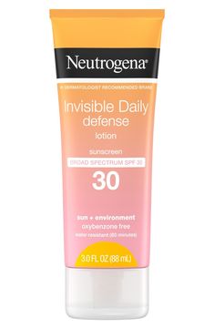 Neutrogena Invisible Daily Defense hydrating sunscreen lotion for face and body. . Size: 3 fl. oz.. SPF 30. For ingredients, see "Additional Info". Made in USA Lotion With Spf, Sunscreen Lotion, Dermatologist Recommended, Broad Spectrum Sunscreen, Pollution, Face And Body, Sun Protection, Defense, Sunscreen