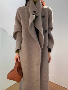 Tailored Collar Buttons Long Coat with Adjustable Belt | Ahaselected Long Belted Coat, Big Collar Coat, Aritzia Conner Coat, Coat With Long Dress, White Long Coat Outfit, Tan Wool Coat Outfit, Over Size Coat, England Style Fashion, Blazer Coat Women