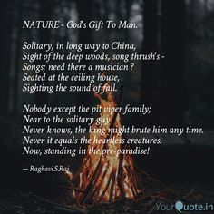 a fire in the woods with a poem about nature - god's gift to man