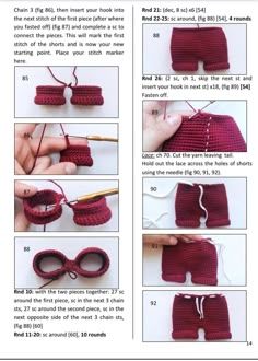 instructions to crochet baby booties and mittens for the little one in red