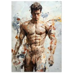 a painting of a man with no shirt on, standing in front of a white background