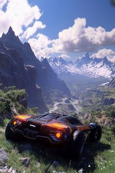 an image of a futuristic vehicle in the mountains