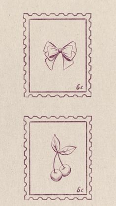 two stamps with bows and cherries on them, each stamp has a smaller bow at the top