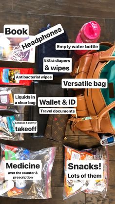 the contents of a travel bag laid out on top of a wooden floor next to each other