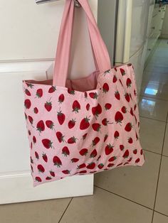 "Hello and welcome to my shop. This gorgeous large pure cotton Hobo is made with imported fabric with Strawberry print and  has  matching pink  Homespan cotton  lining. The handles are made from the same fabric as the lining and the bag has boxed corners. The hobo is  light as a feather and fits into handbags. size: Height: 16\" Width: 21\" Handle drop: 8\" Cool wash on gentle cycle. Each large hobo  bag is  made individually  and a great present for a special person or spoil yourself!" Cheap Strawberry Print Bag As Gift, Trendy Strawberry Print Bag At Affordable Price, Trendy Cheap Bags With Strawberry Print, Affordable Strawberry Print Rectangular Bag, Inexpensive Rectangular Bag With Strawberry Print, Cheap Strawberry Print Summer Bags, Red Cotton Canvas Shopping Bag, Red Cotton Canvas Bag For Shopping, Casual Square Cotton Canvas Bag