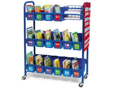 a blue book cart with books on the top and two bins for children's books