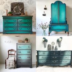 four different pictures of an old dresser with blue paint