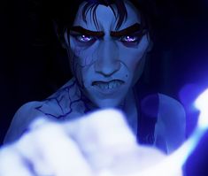 an animated image of a man with blue eyes pointing at something in his hand and looking into the distance