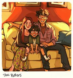 a family sitting on a couch in front of a window with the caption'the potters '