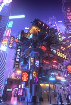 a futuristic city at night with neon lights and signs on the buildings in the foreground