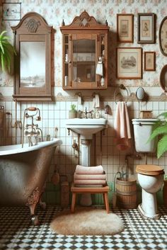 an old fashioned bathroom with checkered floor and walls