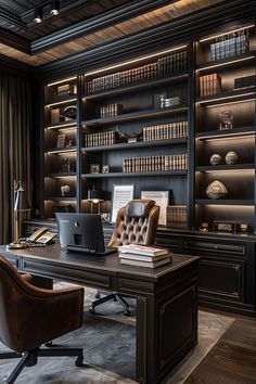 a home office with built in bookshelves and leather chairs