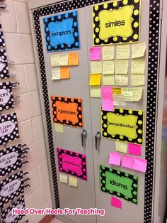 a door decorated with post it notes and sticky notes on the front doors to help students practice their writing skills