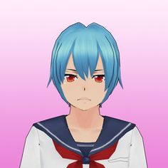 an anime character with blue hair wearing a white shirt and red tie, looking at the camera