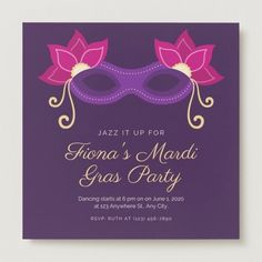 a purple masquerade party card with pink flowers