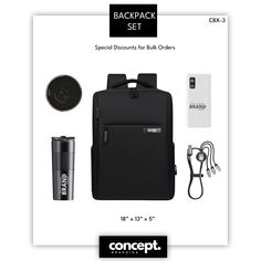 the back pack includes an external charger, headphones, and other items to carry