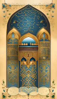 an ornate blue and gold archway with intricate designs